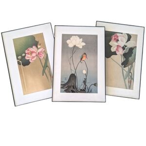 Set of 3 Japanese art prints featuring lotus flowers. 8x12 in Asian art tryptic
